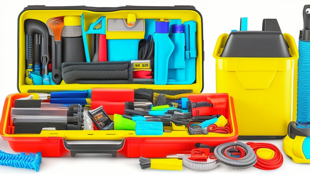 Szervezett porszívó karbantartási készlet professzionális tisztítóeszközökkel kefékkel és alkatrészekkel szerszámosládában