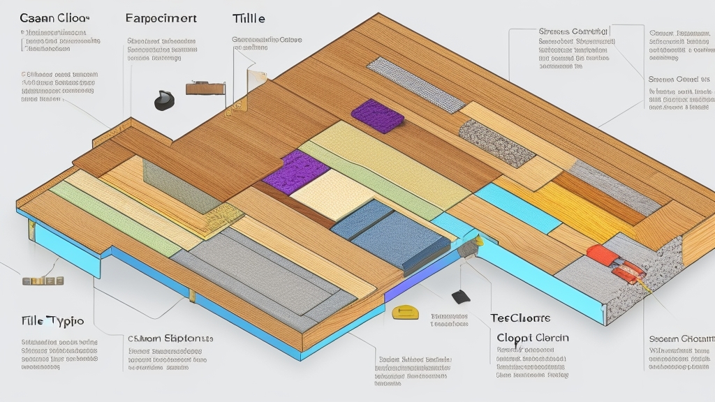 Keresztmetszeti diagram különböző padlótípusokkal és megfelelő porszívófejekkel oktatási illusztráció stílusban