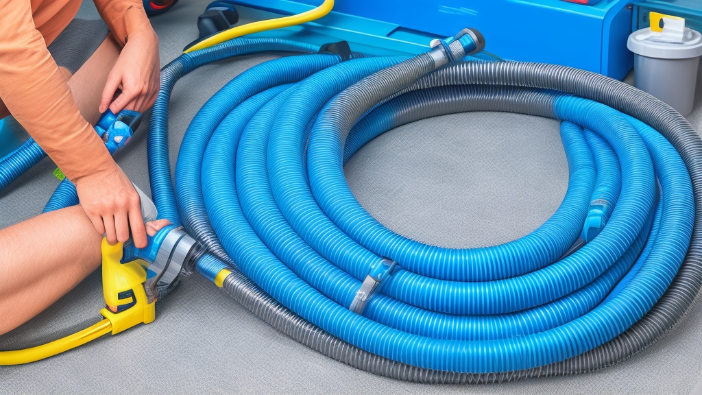 Porszívó tömlő karbantartás eltömődés ellenőrzéssel és tisztító eszköz használatával professzionális karbantartási környezetben